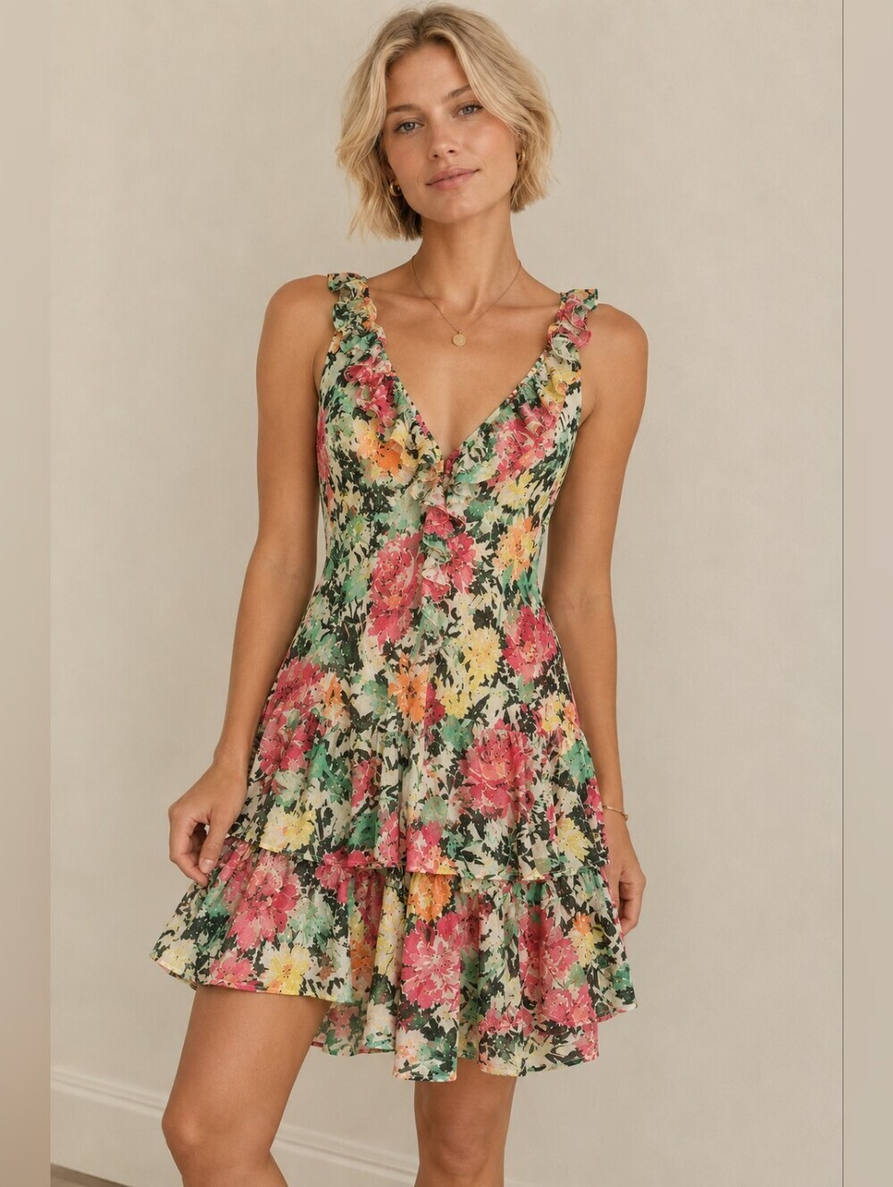 Y2K Lauren Ralph Lauren Floral Ruffle Tiered Mini Wedding Guest Dress
